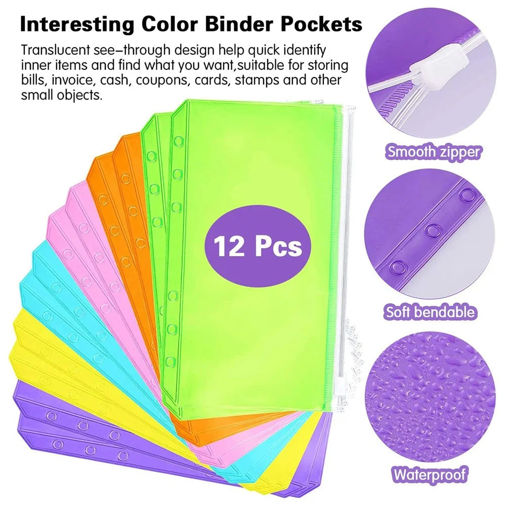 A6 PU Leather Binder Cover Shell Binder Budget Planner Organizer with 12Pcs Loose Leaf PVC Bags, 12Pcs Expense Budget Sheets and 16Pcs Sticky Labels - Black - 5