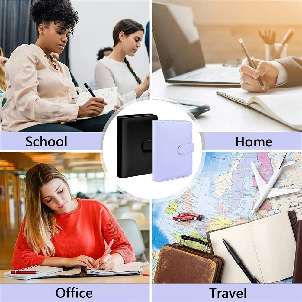 A6 PU Leather Binder Cover Shell Binder Budget Planner Organizer with 12Pcs Loose Leaf PVC Bags, 12Pcs Expense Budget Sheets and 16Pcs Sticky Labels - Black - 6
