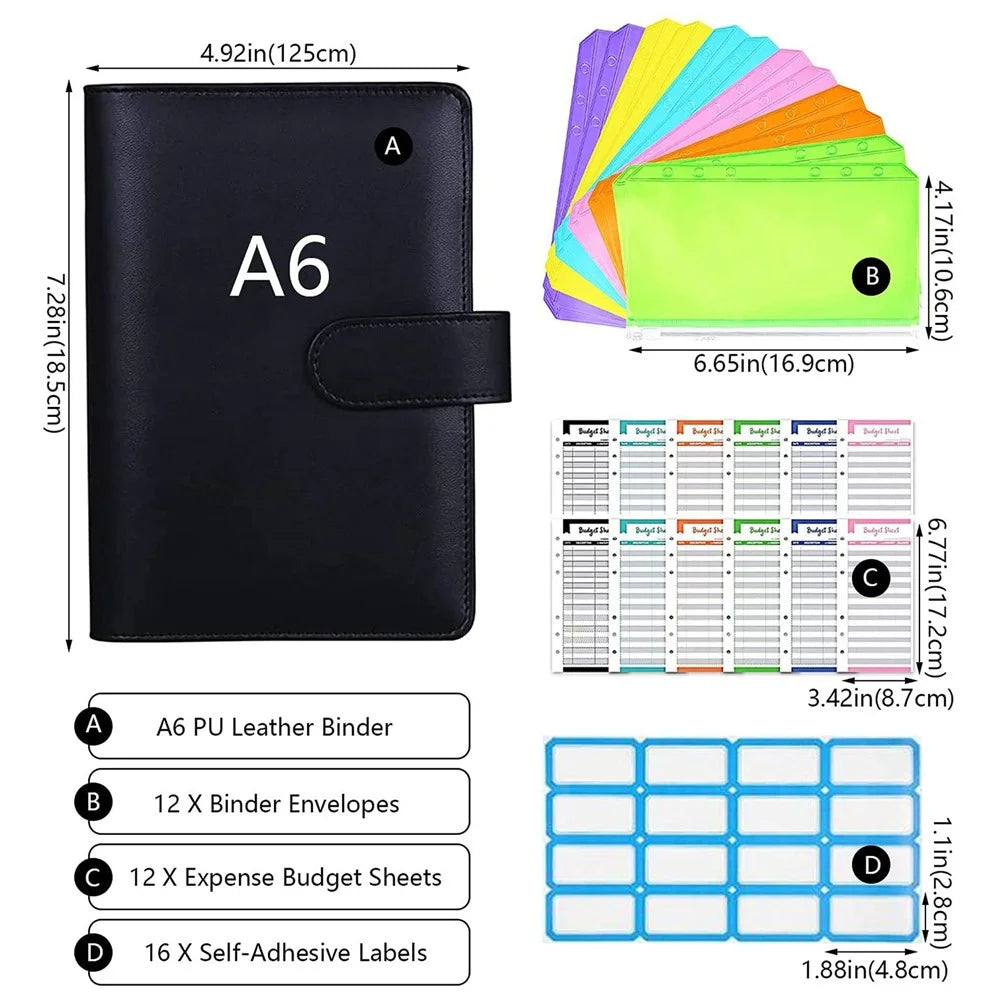 A6 PU Leather Binder Cover Shell Binder Budget Planner Organizer with 12Pcs Loose Leaf PVC Bags, 12Pcs Expense Budget Sheets and 16Pcs Sticky Labels - Black - 7