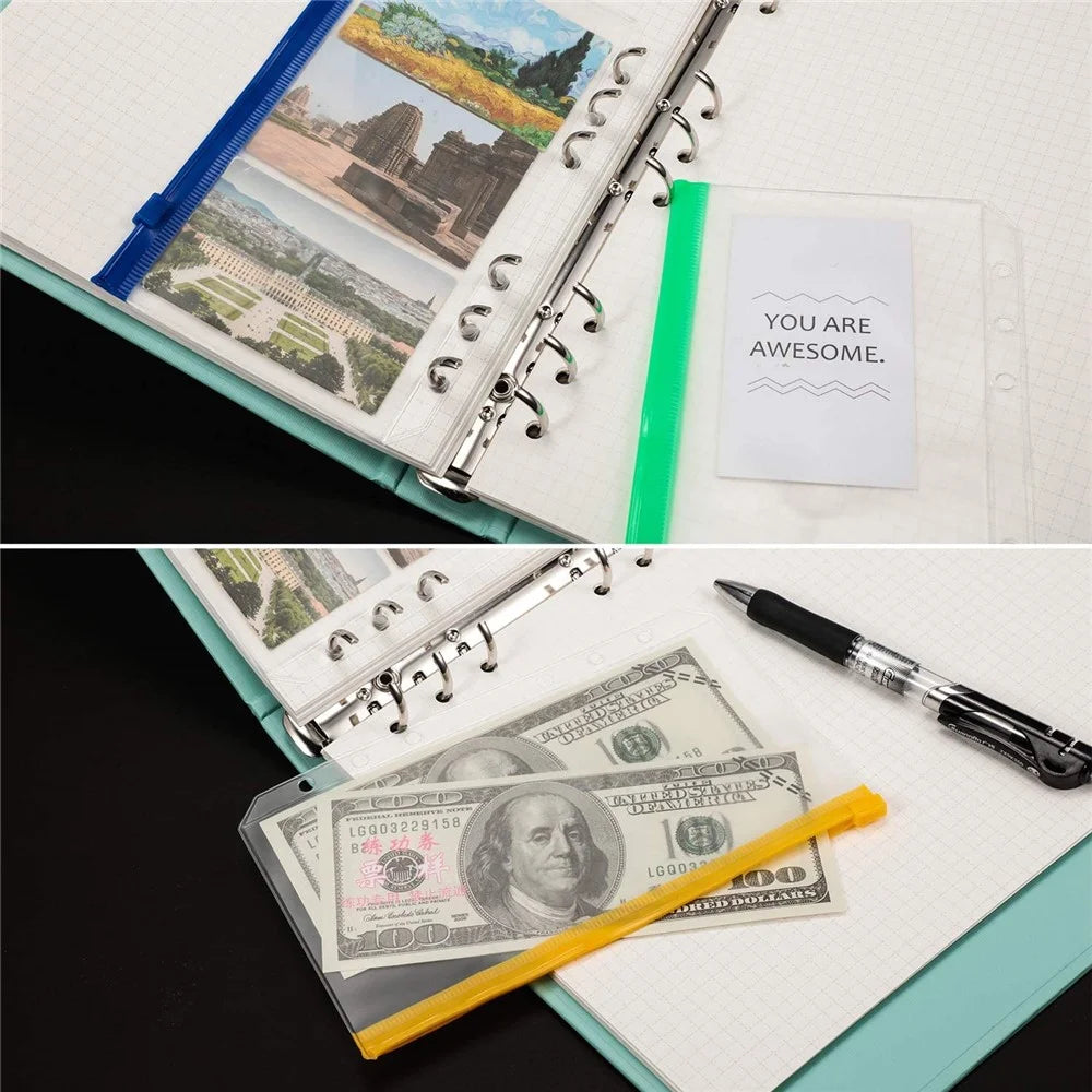 12PCS A6 Size Binder Pockets Matte Translucent Body Binder Pouch Folders for 6-Ring Binder Loose Leaf Bags Waterproof PVC Bill Storage Bags - 3