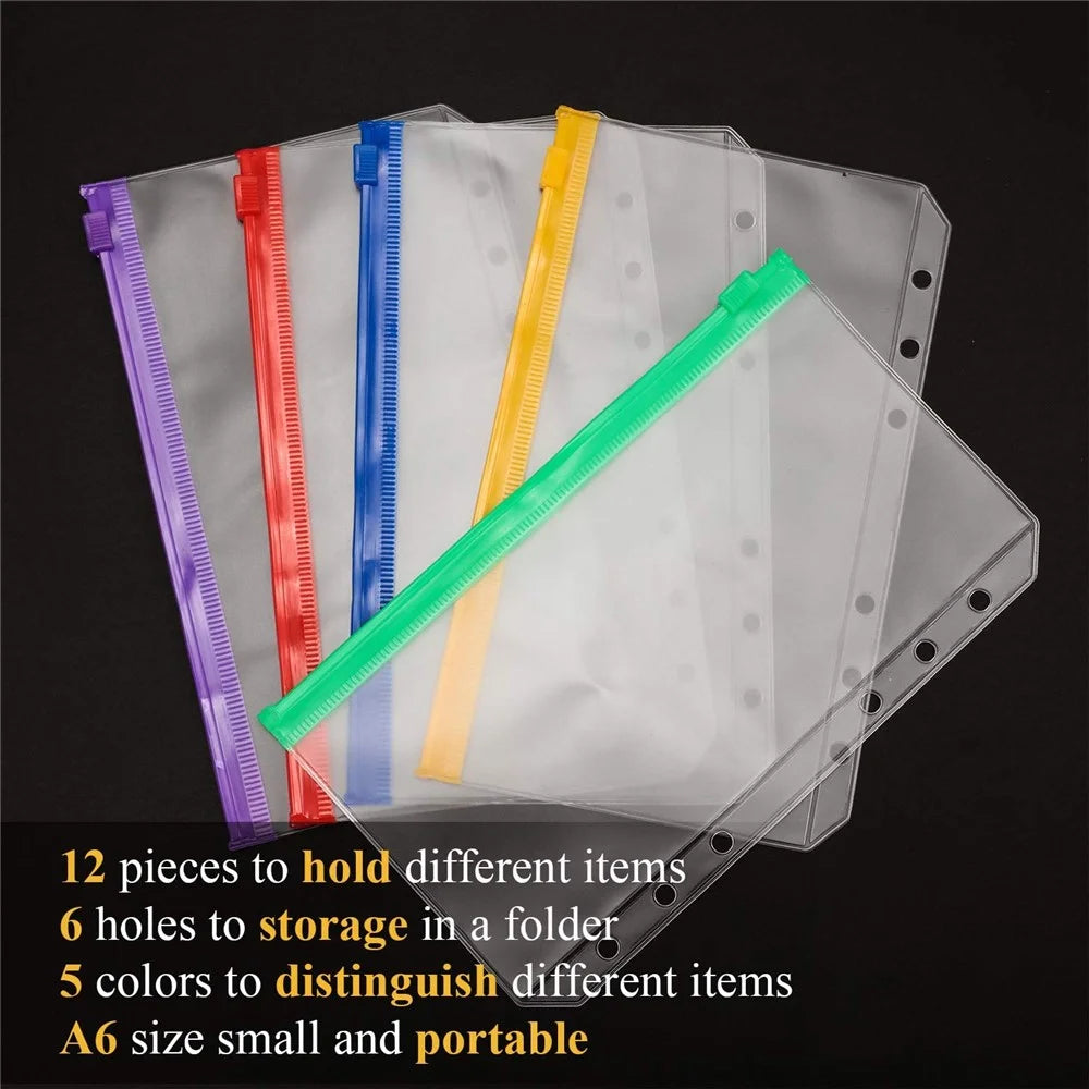 12PCS A6 Size Binder Pockets Matte Translucent Body Binder Pouch Folders for 6-Ring Binder Loose Leaf Bags Waterproof PVC Bill Storage Bags - 6