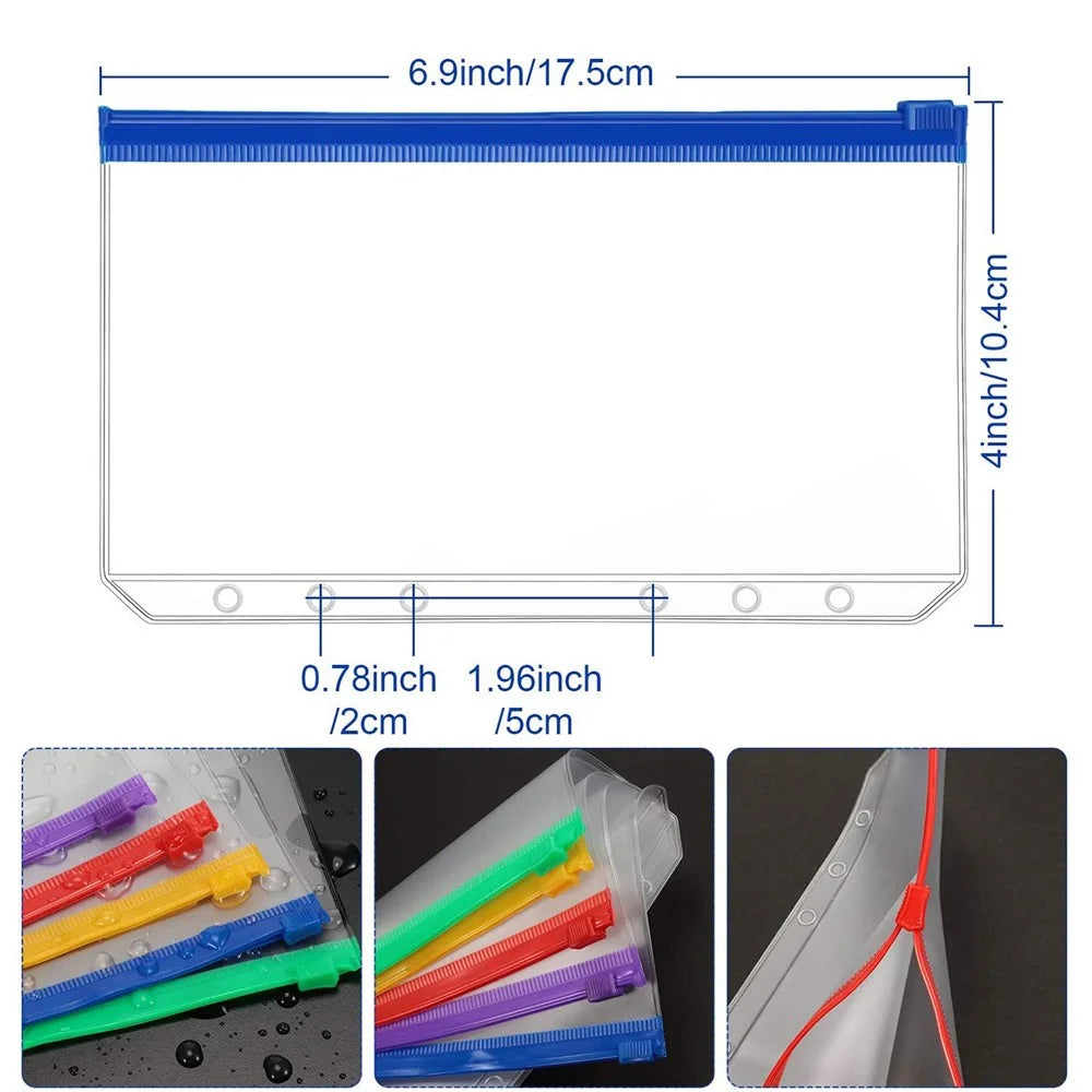12PCS A6 Size Binder Pockets Matte Translucent Body Binder Pouch Folders for 6-Ring Binder Loose Leaf Bags Waterproof PVC Bill Storage Bags - 7