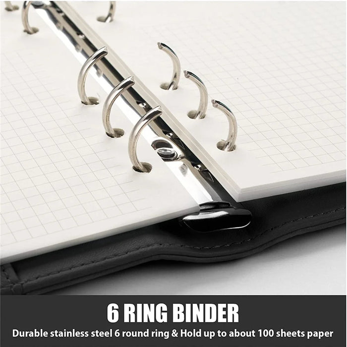 A6 Size 6-Ring PU Leather Notebook Binder Cover Magnetic Closure Planner Journal Binder Shell - Black - 6