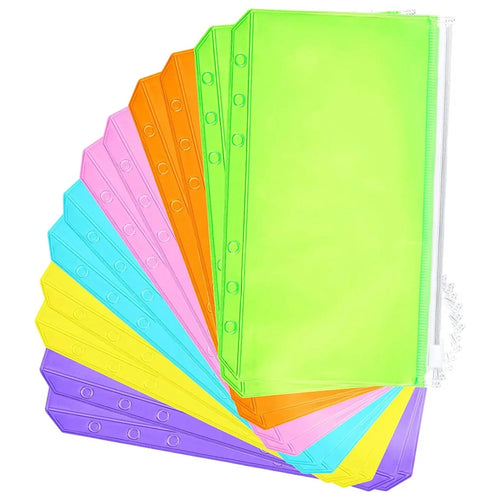 12PCS A6 Size Binder Pockets 6-Hole Zipper PVC Waterproof Pouch Different Colors Storage Bags Document Bill Organizers - 1