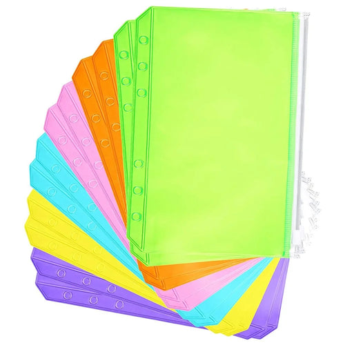 12PCS A5 Size Binder Pockets 6 Colors Zipper 6-Hole Folders Waterproof PVC Pouch Document Bill Bags Storage Bags - 1