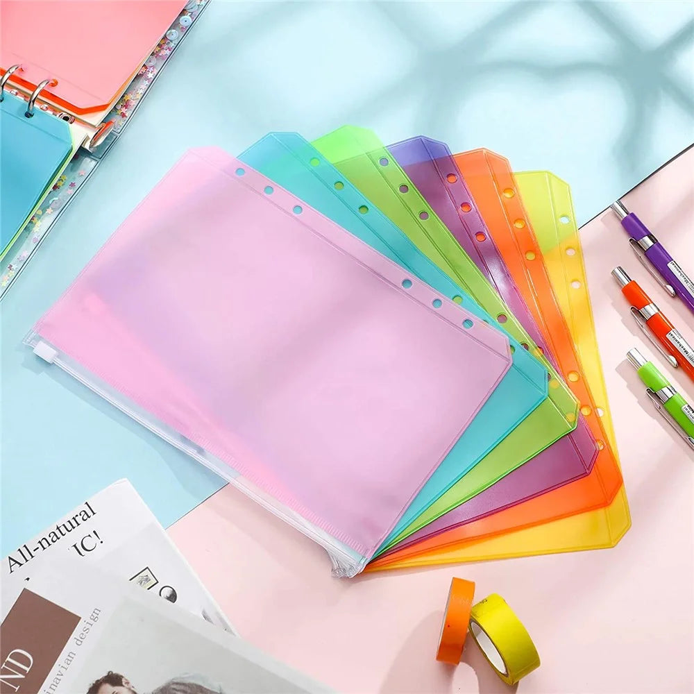 12PCS A5 Size Binder Pockets 6 Colors Zipper 6-Hole Folders Waterproof PVC Pouch Document Bill Bags Storage Bags - 2