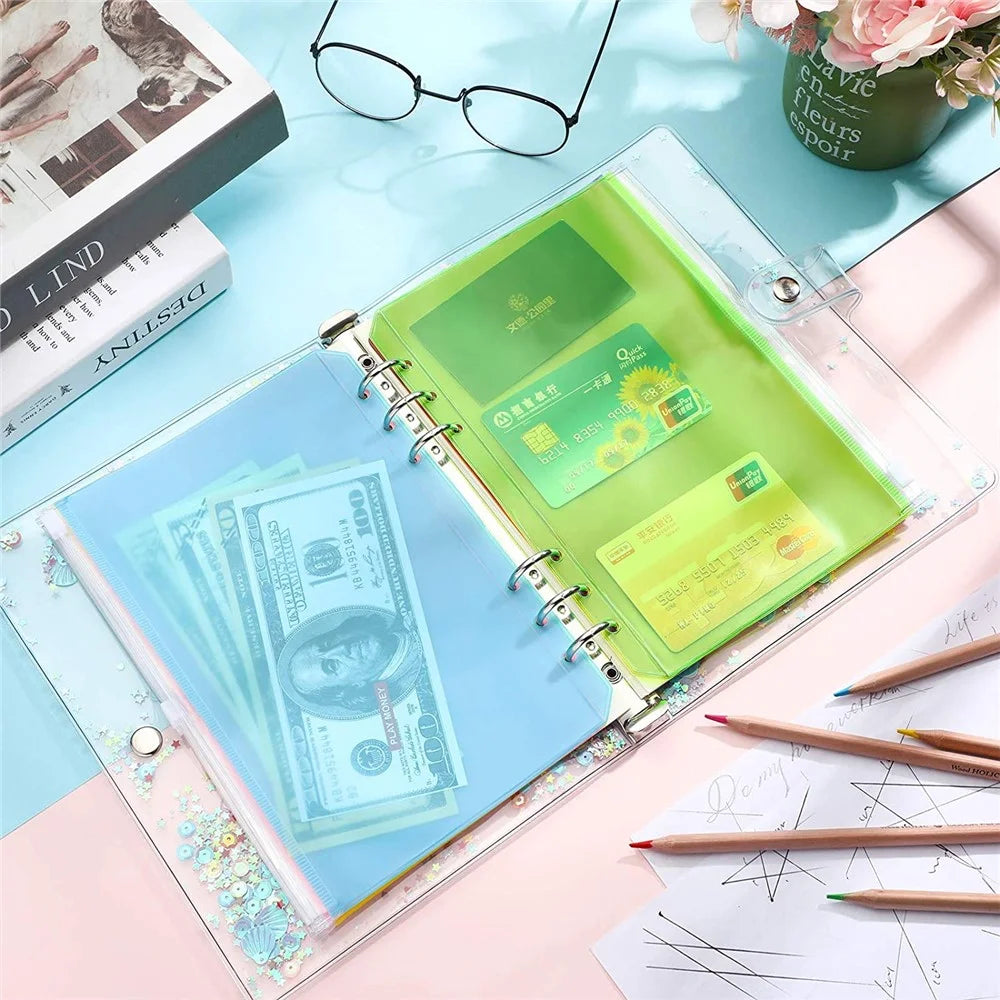 12PCS A5 Size Binder Pockets 6 Colors Zipper 6-Hole Folders Waterproof PVC Pouch Document Bill Bags Storage Bags - 3
