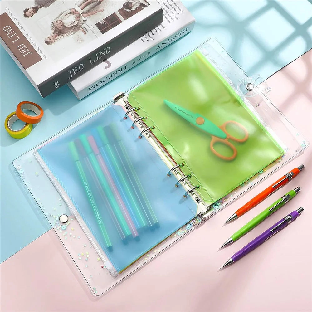12PCS A5 Size Binder Pockets 6 Colors Zipper 6-Hole Folders Waterproof PVC Pouch Document Bill Bags Storage Bags - 4