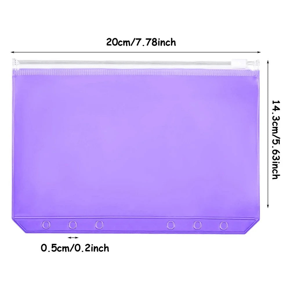 12PCS A5 Size Binder Pockets 6 Colors Zipper 6-Hole Folders Waterproof PVC Pouch Document Bill Bags Storage Bags - 6