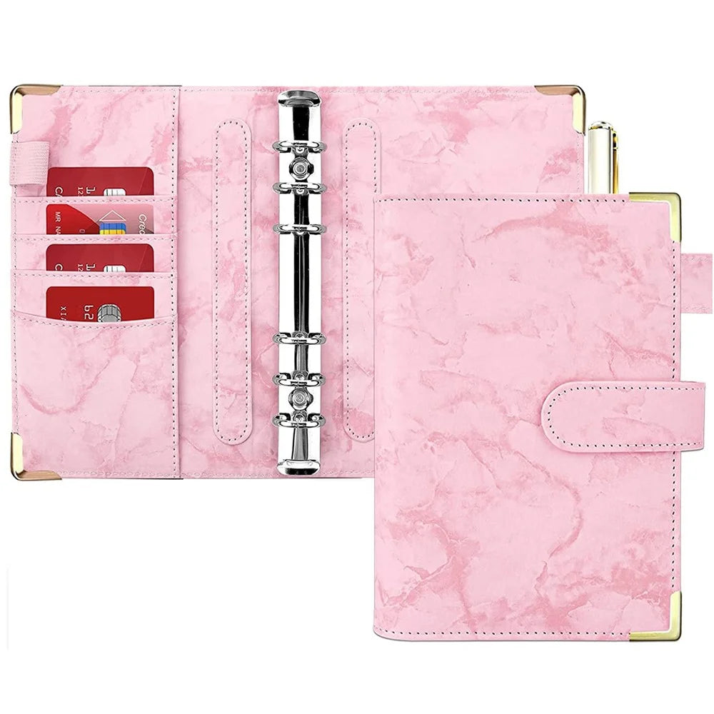 A6 PU Leather Binder Cover Bill Card Money Organizer Marbling Pattern Magnetic Clasp Gold Frame Protection Corners Binder Shell - Pink - 1