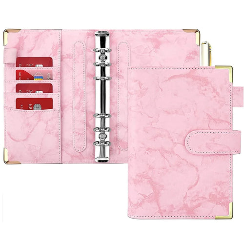 A6 PU Leather Binder Cover Bill Card Money Organizer Marbling Pattern Magnetic Clasp Gold Frame Protection Corners Binder Shell - Pink - 1