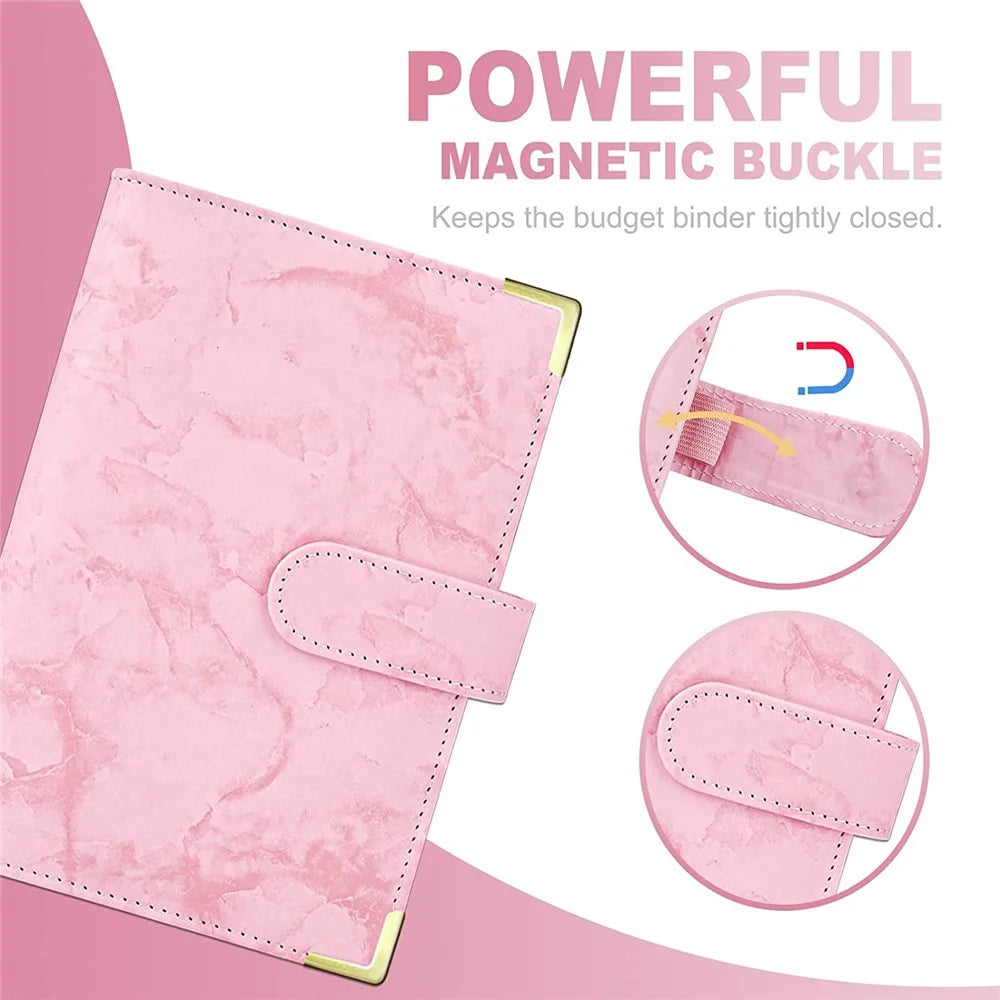 A6 PU Leather Binder Cover Bill Card Money Organizer Marbling Pattern Magnetic Clasp Gold Frame Protection Corners Binder Shell - Pink - 2