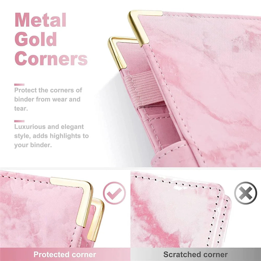 A6 PU Leather Binder Cover Bill Card Money Organizer Marbling Pattern Magnetic Clasp Gold Frame Protection Corners Binder Shell - Pink - 3