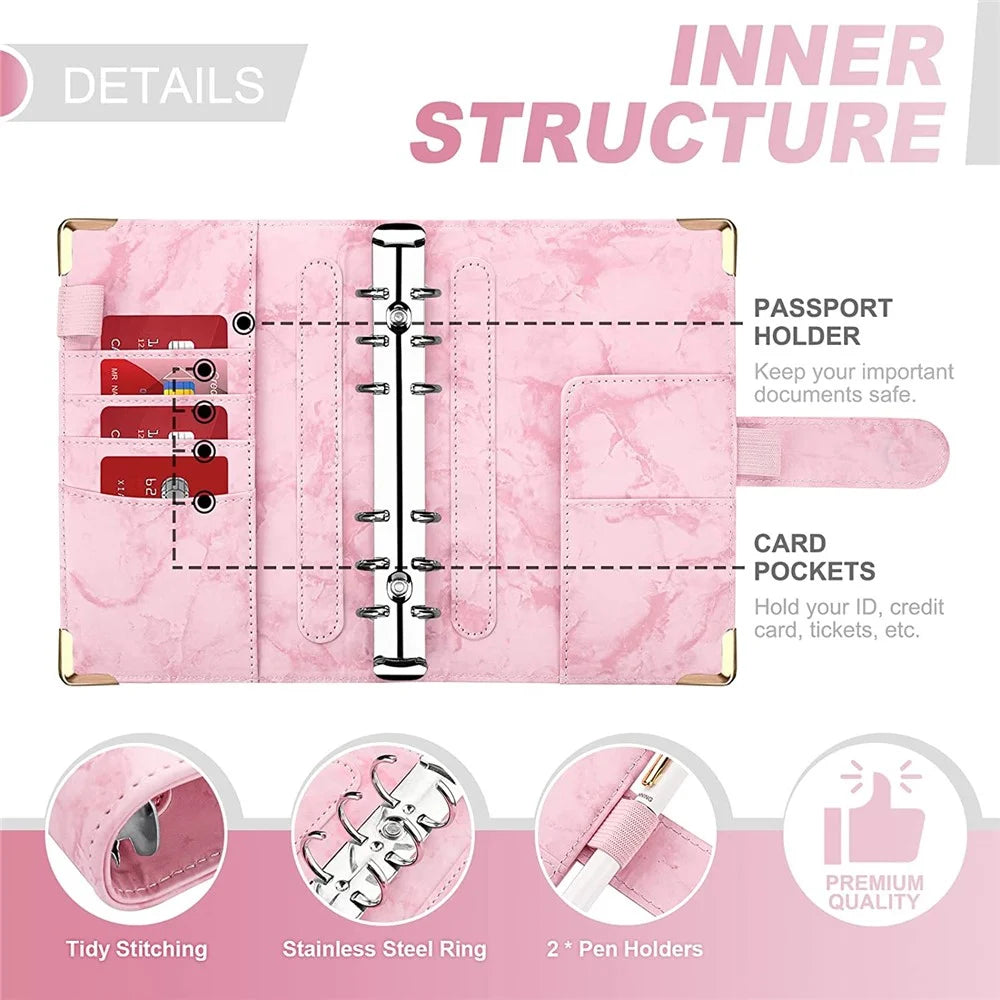 A6 PU Leather Binder Cover Bill Card Money Organizer Marbling Pattern Magnetic Clasp Gold Frame Protection Corners Binder Shell - Pink - 4