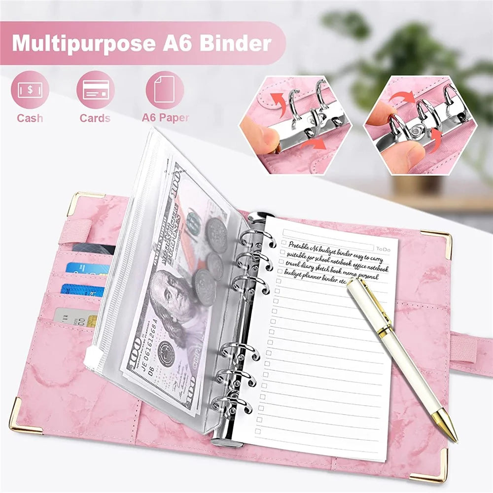 A6 PU Leather Binder Cover Bill Card Money Organizer Marbling Pattern Magnetic Clasp Gold Frame Protection Corners Binder Shell - Pink - 5