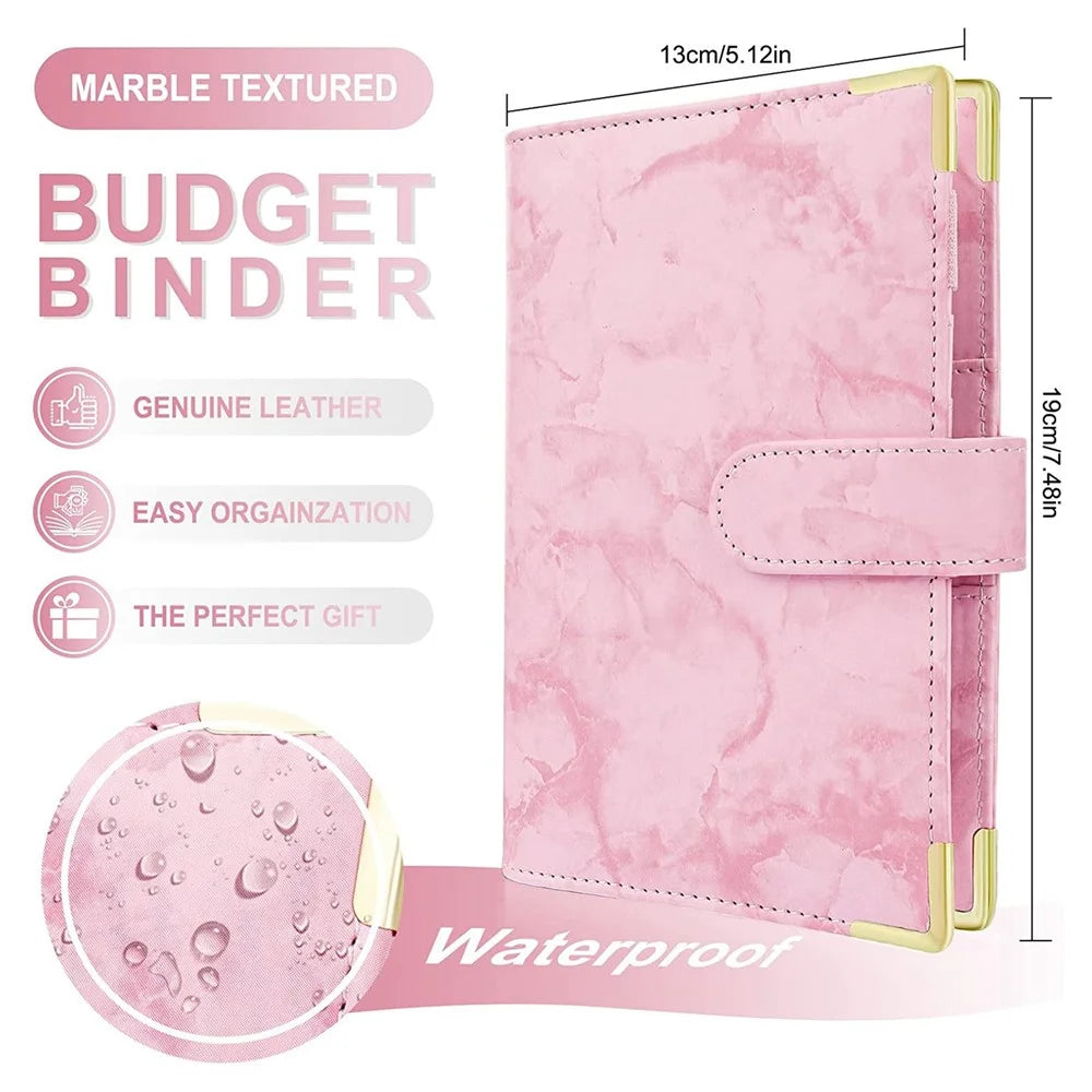 A6 PU Leather Binder Cover Bill Card Money Organizer Marbling Pattern Magnetic Clasp Gold Frame Protection Corners Binder Shell - Pink - 6