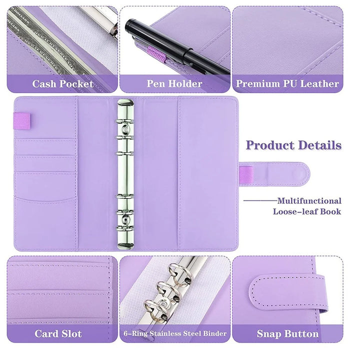 A6 PU Leather Notebook Cover Shell Binder Budget Planner Organizer 12 Storage Pockets Multi-color Refillable 6 Rings Binder Cover Loose Leaf Pouch - 6