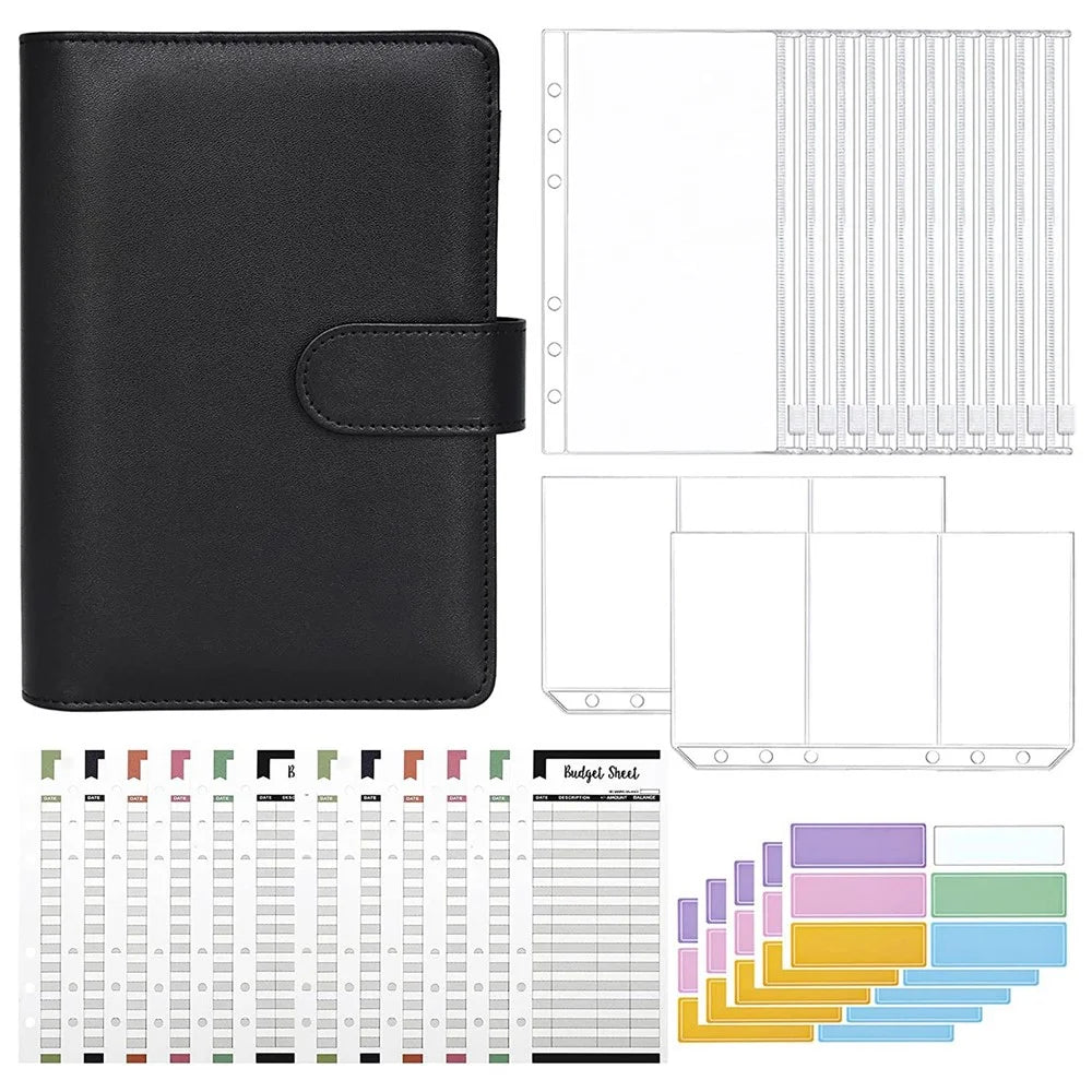 A6 PU Leather Budget Binder Cover with Expense Budget Sheets, Zipper Binder Pockets, 3-Grid Card Pockets and Self-Adhesive Labels - Black - 1
