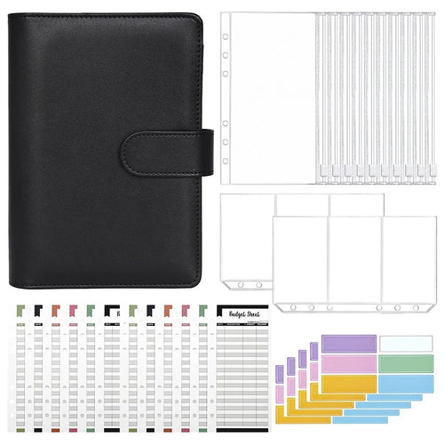 A6 PU Leather Budget Binder Cover with Expense Budget Sheets, Zipper Binder Pockets, 3-Grid Card Pockets and Self-Adhesive Labels - Black - 1