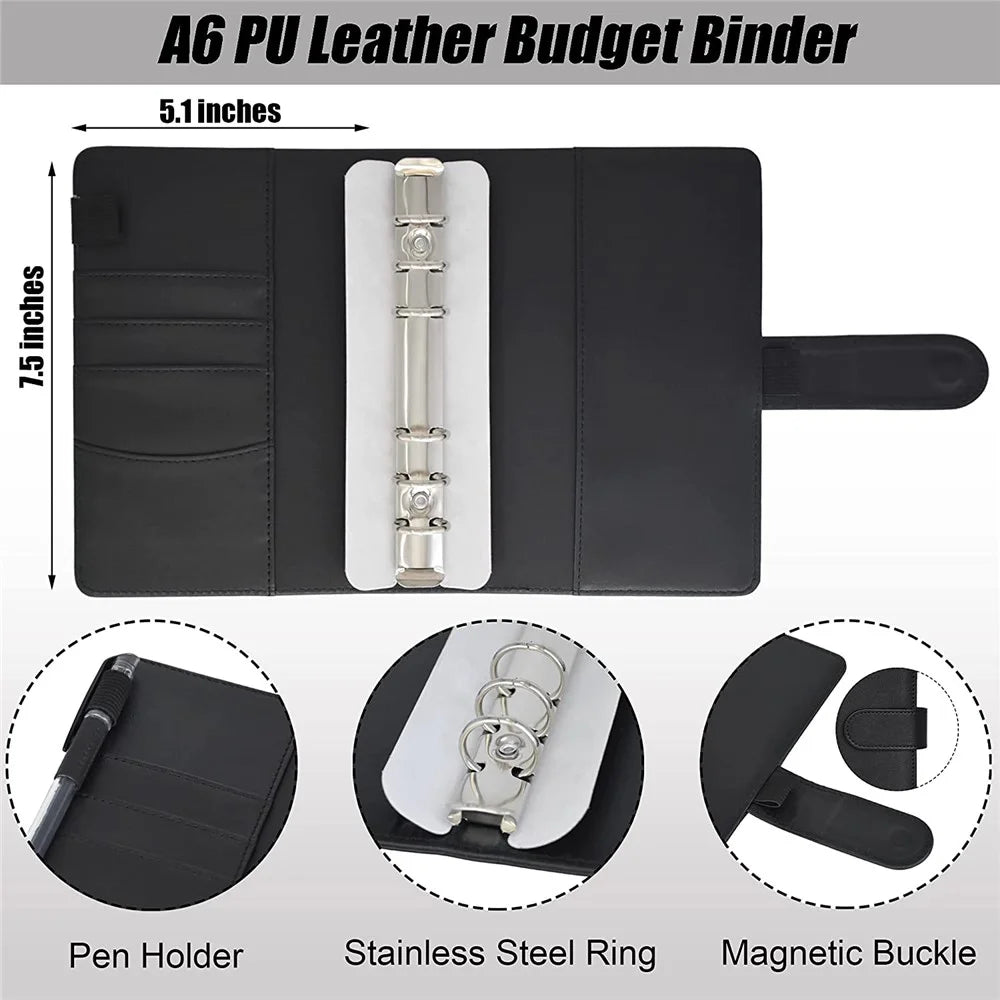 A6 PU Leather Budget Binder Cover with Expense Budget Sheets, Zipper Binder Pockets, 3-Grid Card Pockets and Self-Adhesive Labels - Black - 2