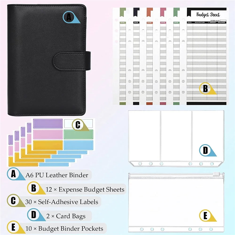 A6 PU Leather Budget Binder Cover with Expense Budget Sheets, Zipper Binder Pockets, 3-Grid Card Pockets and Self-Adhesive Labels - Black - 3
