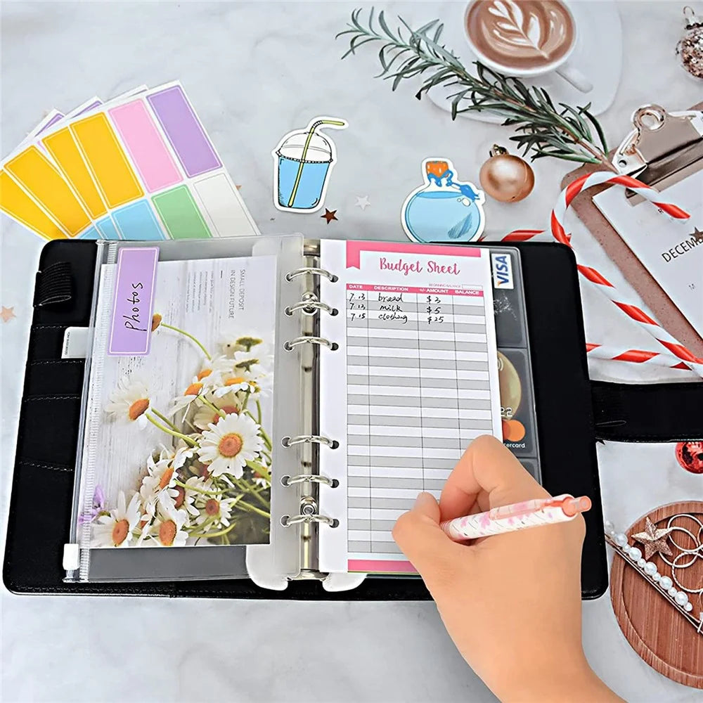A6 PU Leather Budget Binder Cover with Expense Budget Sheets, Zipper Binder Pockets, 3-Grid Card Pockets and Self-Adhesive Labels - Black - 5