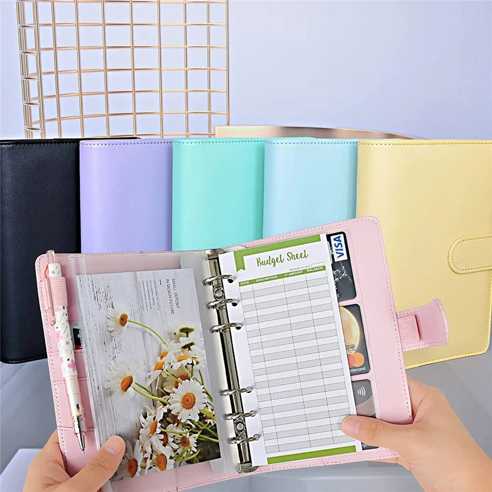 A6 PU Leather Budget Binder Cover with Expense Budget Sheets, Zipper Binder Pockets, 3-Grid Card Pockets and Self-Adhesive Labels - Black - 6