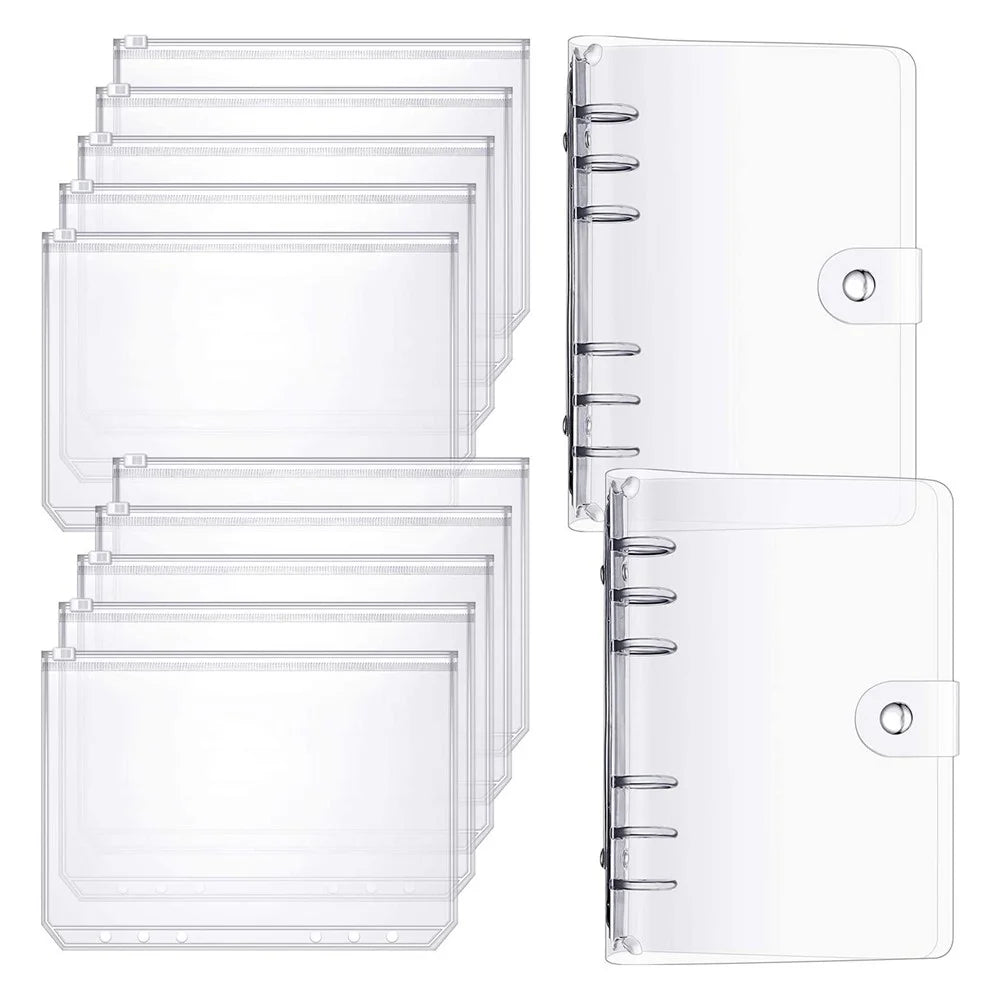 A6 PU Leather Notebook Binder Cover with 10 Waterproof Clear Binder Pocket Loose Leaf Bags PVC Pouch for Bills and Document - 1