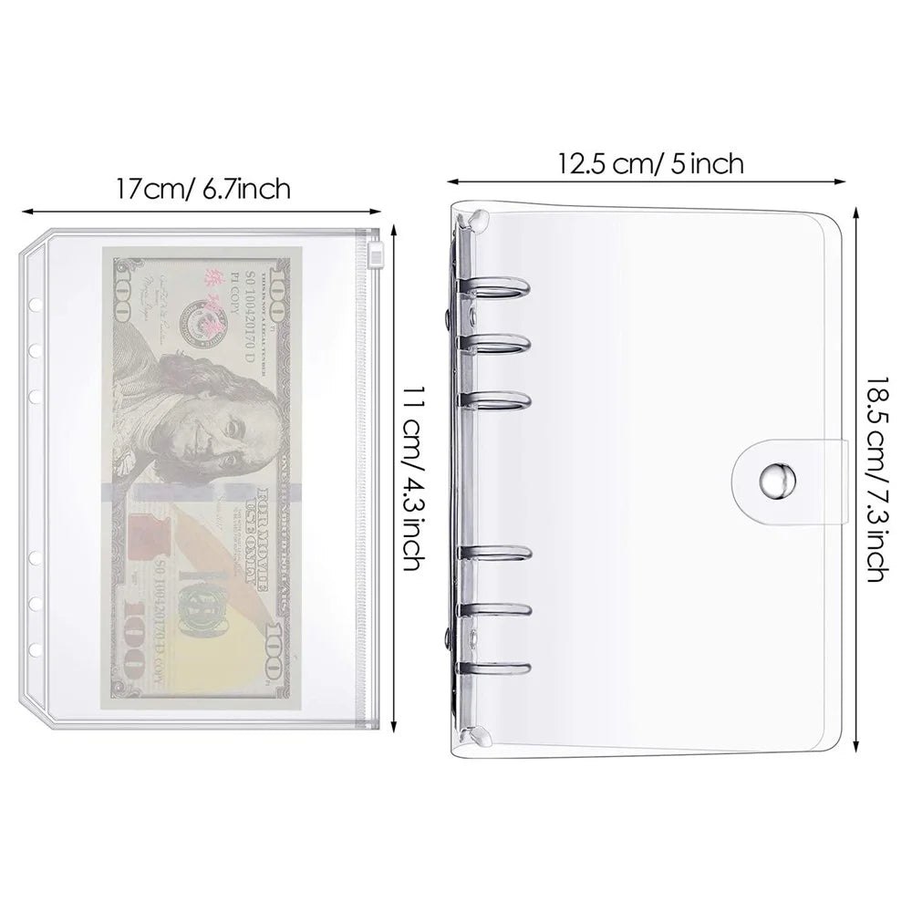 A6 PU Leather Notebook Binder Cover with 10 Waterproof Clear Binder Pocket Loose Leaf Bags PVC Pouch for Bills and Document - 6