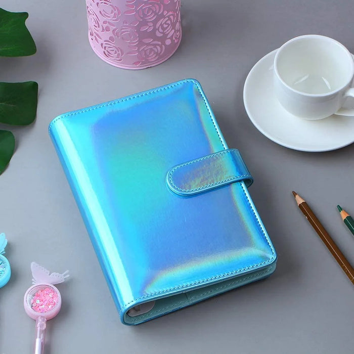 A6 Size 6-Ring PU Leather Notebook Binder Cover Laser Design Planner Journal Binder Shell for Budget System - Blue - 2