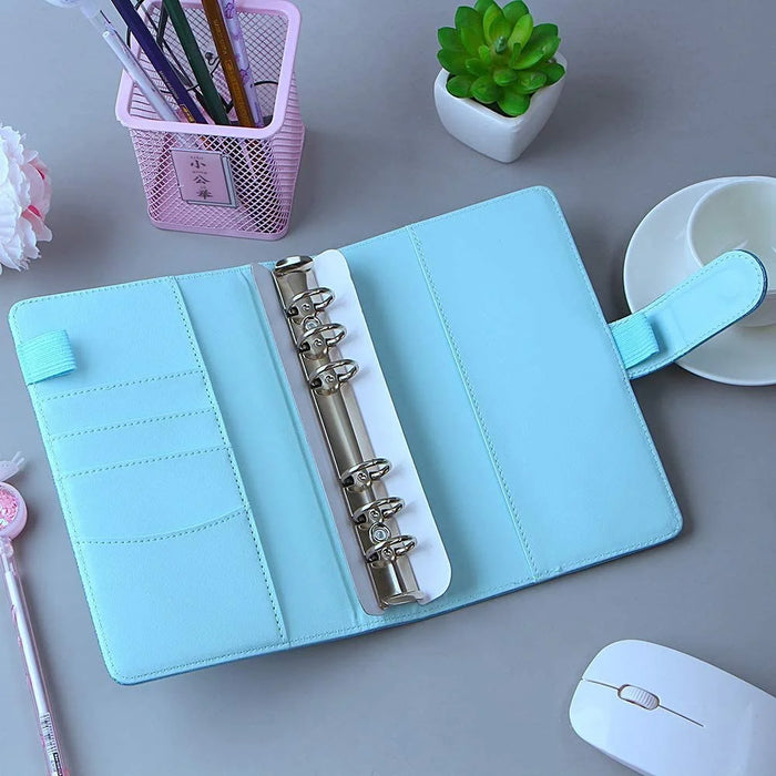A6 Size 6-Ring PU Leather Notebook Binder Cover Laser Design Planner Journal Binder Shell for Budget System - Blue - 3