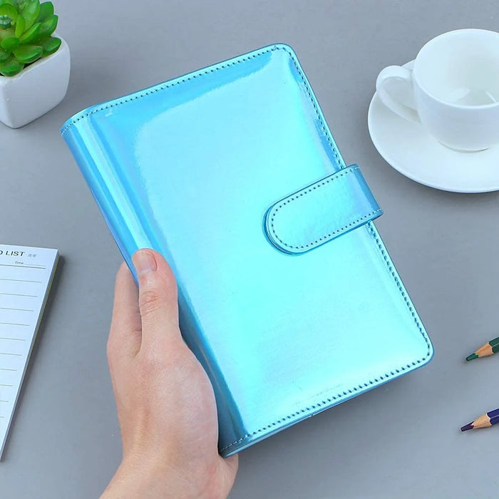 A6 Size 6-Ring PU Leather Notebook Binder Cover Laser Design Planner Journal Binder Shell for Budget System - Blue - 5