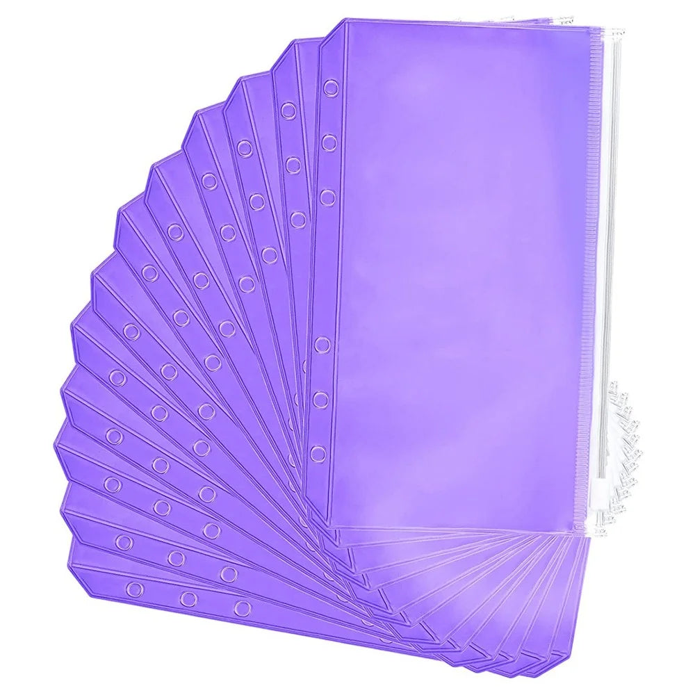 12PCS A6 Size Binder Pockets Purple Zipper Folders Waterproof PVC Pouch Document Bill Bags Storage Bags for 6-Ring Binder - 1