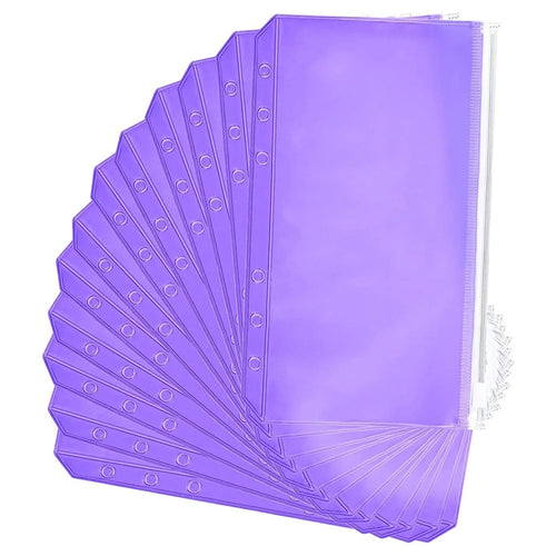 12PCS A6 Size Binder Pockets Purple Zipper Folders Waterproof PVC Pouch Document Bill Bags Storage Bags for 6-Ring Binder - 1