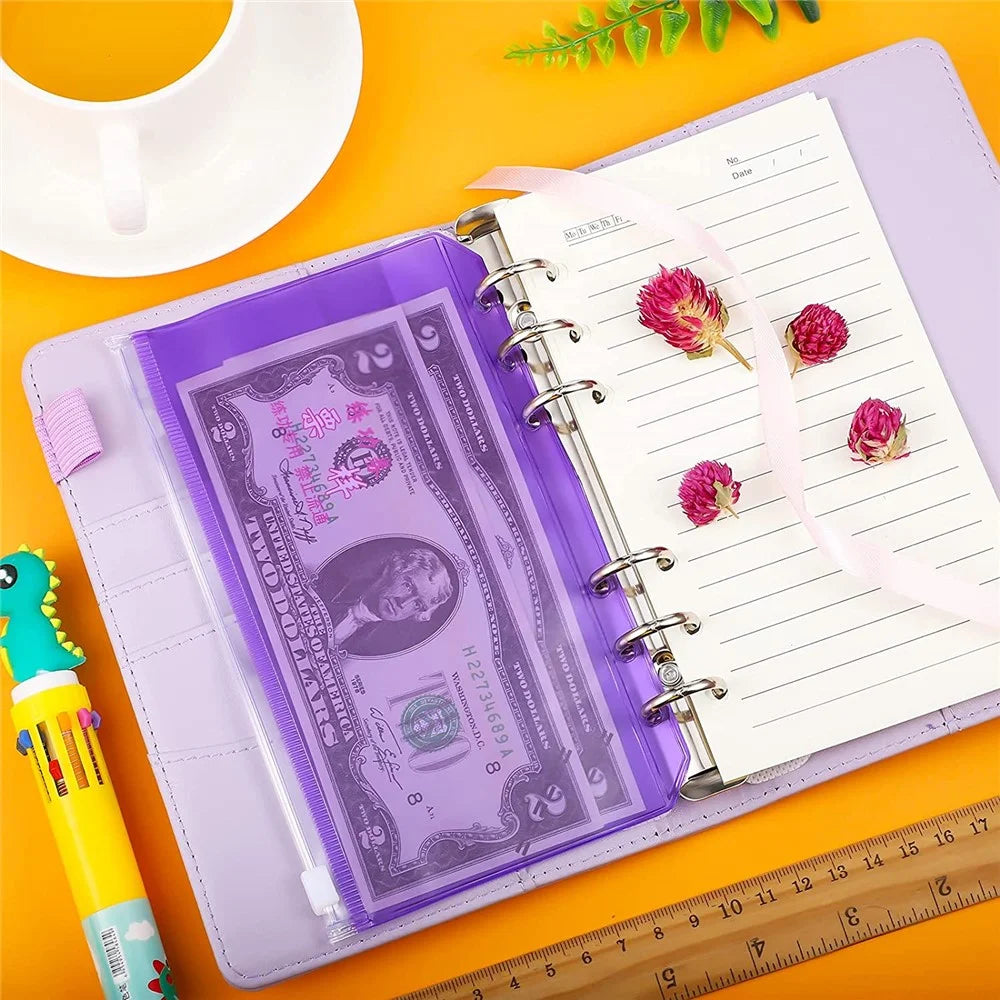 12PCS A6 Size Binder Pockets Purple Zipper Folders Waterproof PVC Pouch Document Bill Bags Storage Bags for 6-Ring Binder - 4