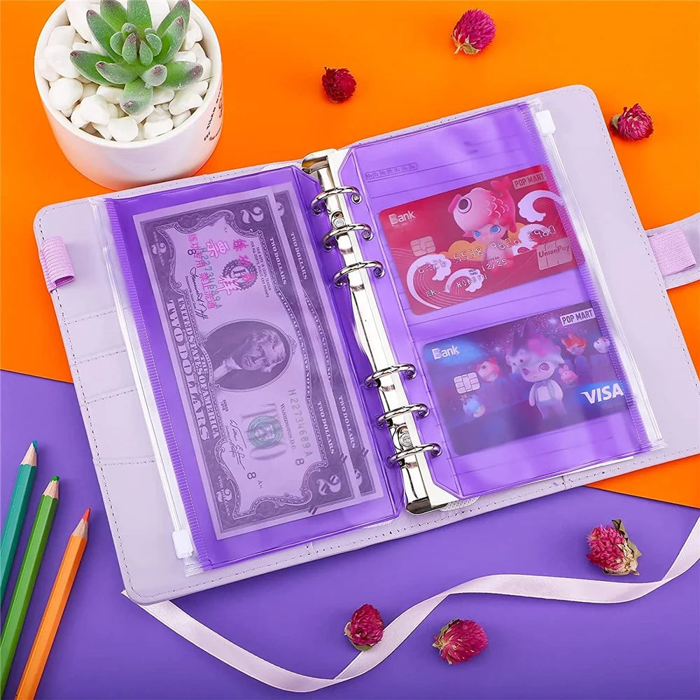 12PCS A6 Size Binder Pockets Purple Zipper Folders Waterproof PVC Pouch Document Bill Bags Storage Bags for 6-Ring Binder - 5