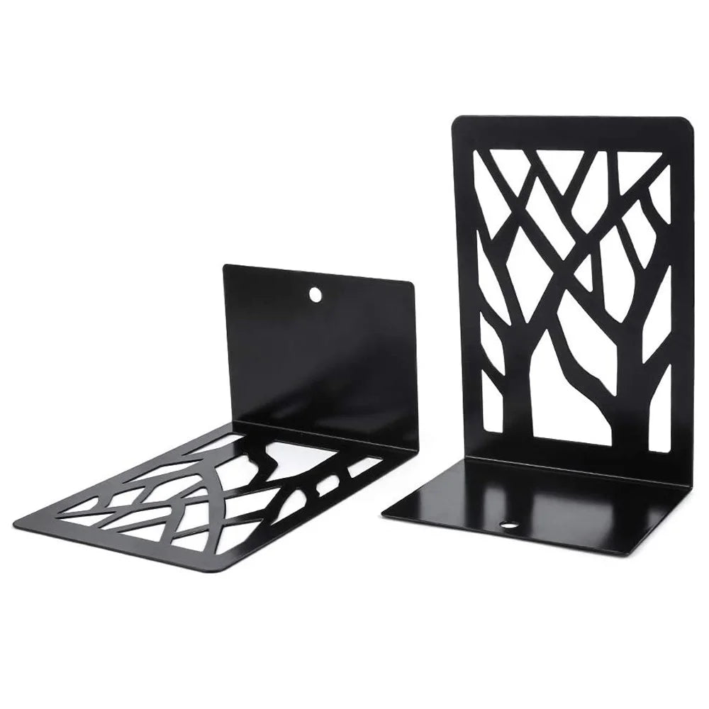 1 Pair Metal Book Ends Premium Decorative Bookend Books Magazines Shelves, Non-slip Book Holder Stoppers Organizers - Black - 3