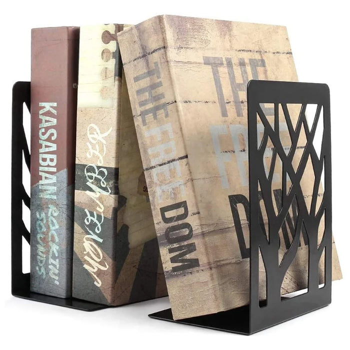 1 Pair Metal Book Ends Premium Decorative Bookend Books Magazines Shelves, Non-slip Book Holder Stoppers Organizers - Black - 7