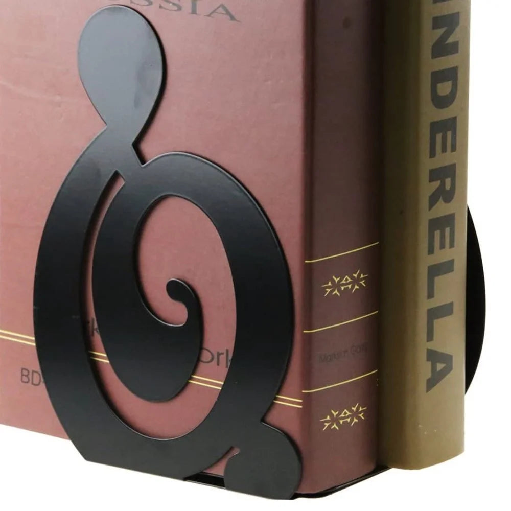 1 Pair Metal Book Ends Bookends Musical High Note Shape Book Stand Holder Desktop Storage Holder - Black - 5