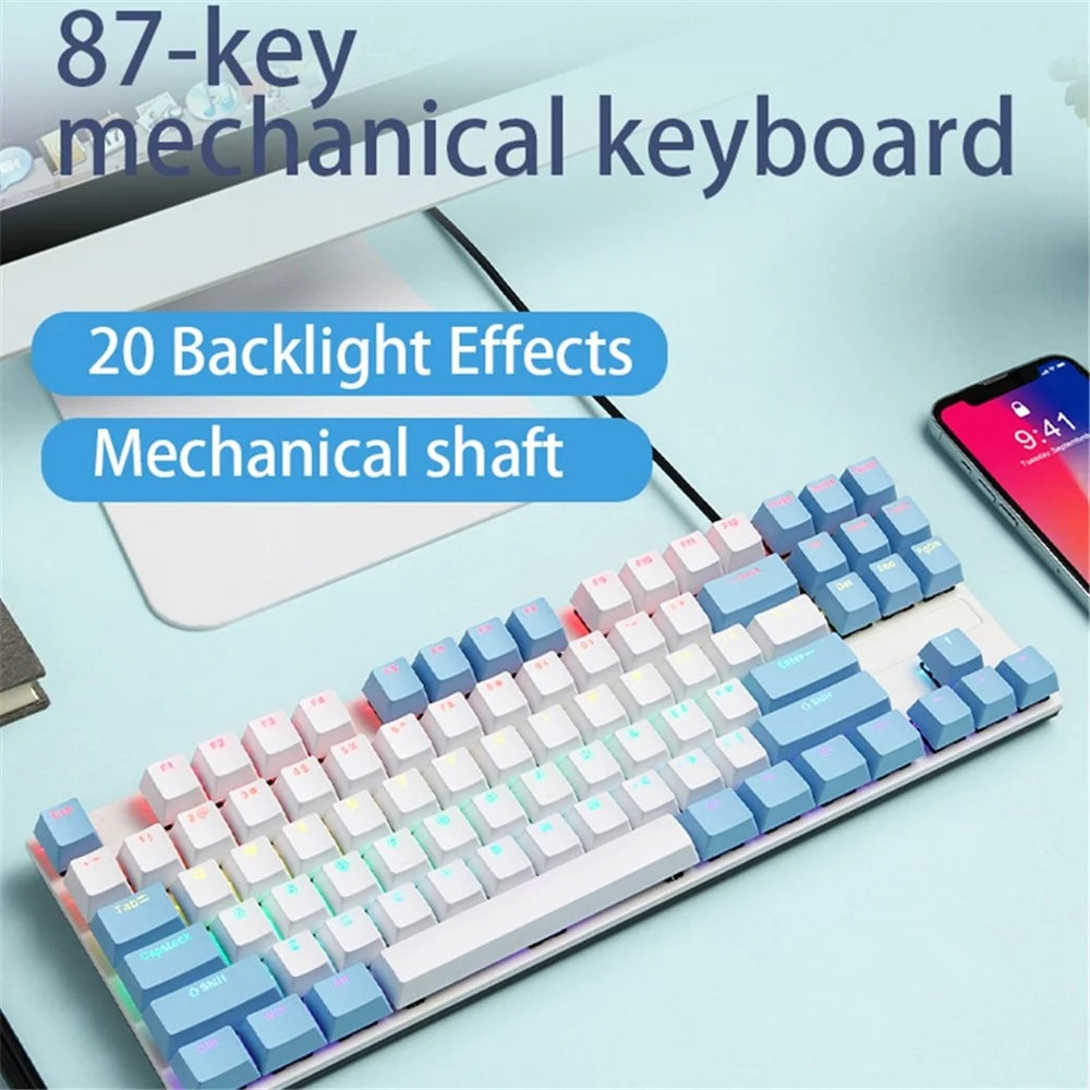 IBLANCOD K87 87-Key Conflict-Free Mechanical Keyboard with Colorful Backlit for Home/Office/Gaming - Blue+White/Blue Switch - 2