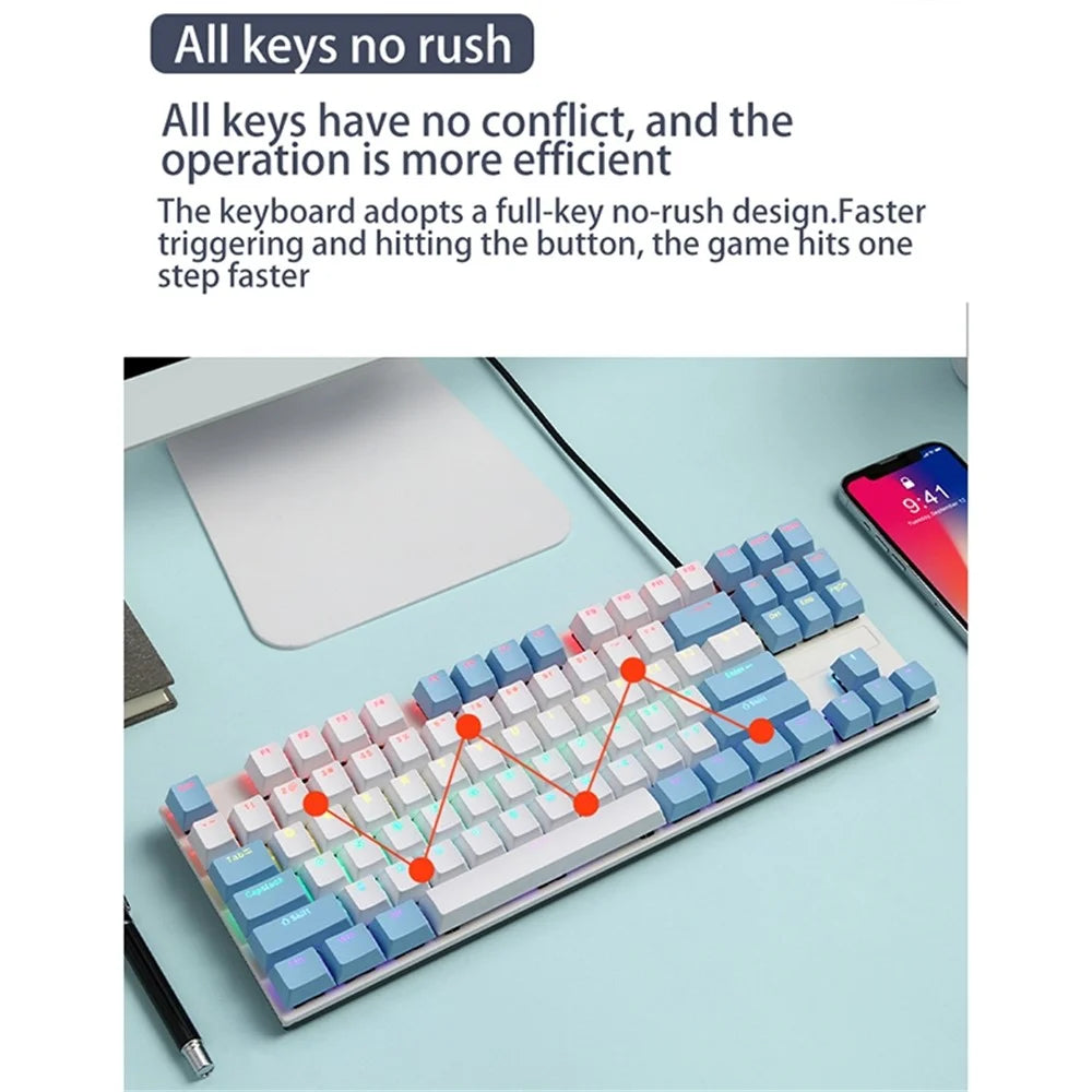 IBLANCOD K87 87-Key Conflict-Free Mechanical Keyboard with Colorful Backlit for Home/Office/Gaming - Blue+White/Blue Switch - 7