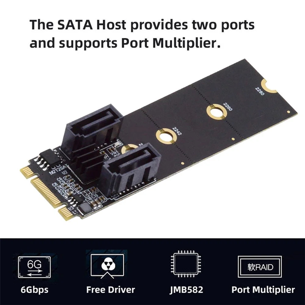 SA-043 NGFF KEY B+M PCI Express to SATA 3.0 6Gbps Dual Ports Adapter 22x80MM Converter Hard Drive Extension Card JMB582 2230 2242 2260 2280 - 3
