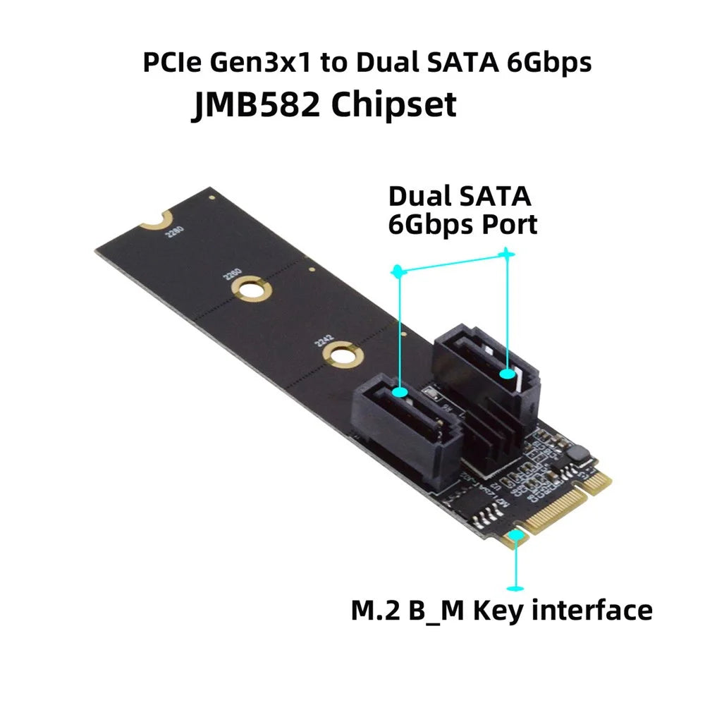 SA-043 NGFF KEY B+M PCI Express to SATA 3.0 6Gbps Dual Ports Adapter 22x80MM Converter Hard Drive Extension Card JMB582 2230 2242 2260 2280 - 4