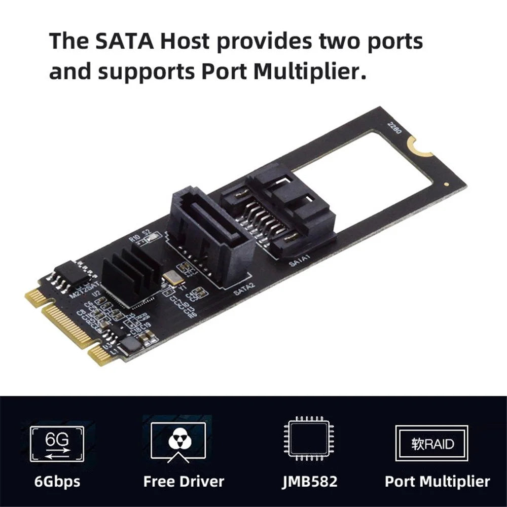 SA-044 NGFF KEY B+M to SATA 3.0 6Gbps Dual Ports Vertical+Horizontal Adapter 22*80MM Converter Hard Drive Extension Card JMB582 2280 - 2
