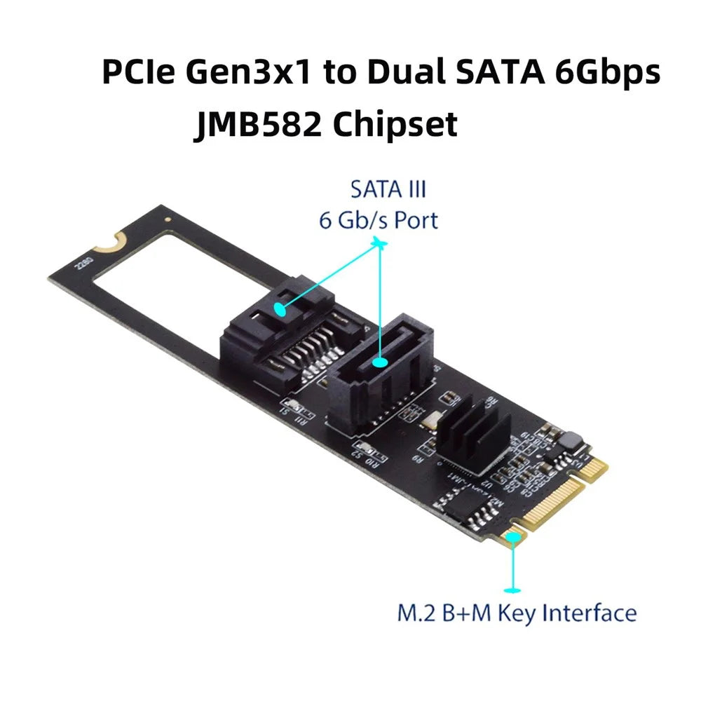 SA-044 NGFF KEY B+M to SATA 3.0 6Gbps Dual Ports Vertical+Horizontal Adapter 22*80MM Converter Hard Drive Extension Card JMB582 2280 - 4