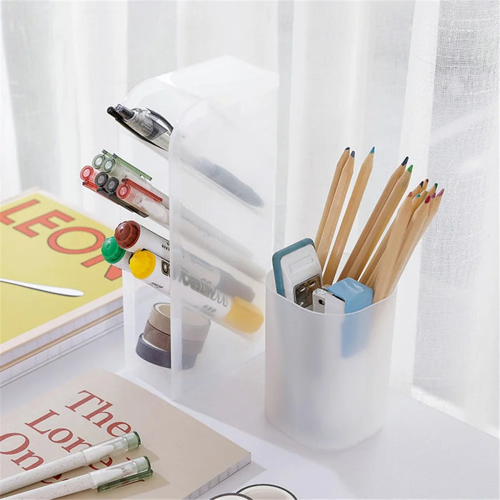 Multifunction Slant Grid Desktop Pen Holder Home Office School Stationary Storage Pencil Organizer, Size: S - Transparent White - 3
