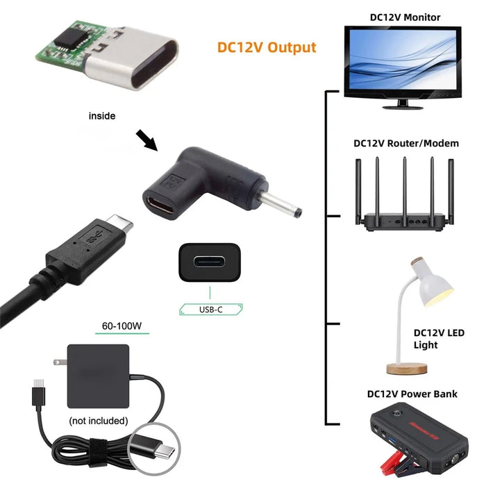 UC-090-3011MM Right Angled Connector USB 3.1 Type C Female to DC 12V Plug 90 Degree Adapter PD Emulator Trigger Converter, DC3.0*1.1mm - 7