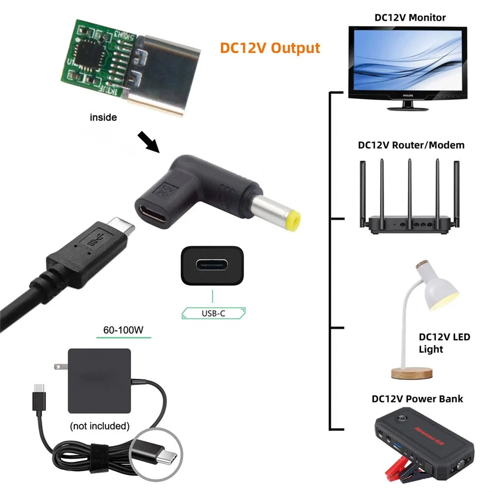 UC-090-5525MM USB 3.1 Type C Female to DC 12V Plug Adapter PD Emulator Trigger 90 Degree Angled Converter, DC5.5*2.5mm - 6