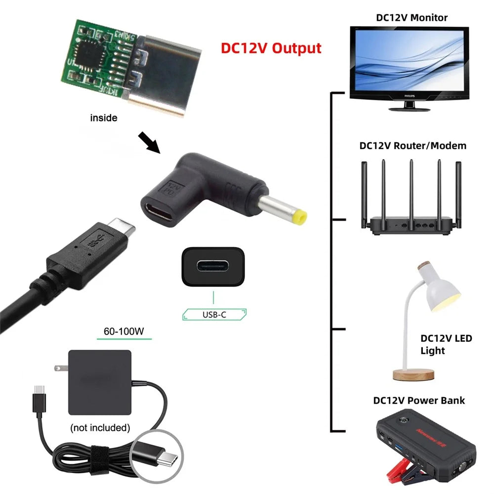UC-090-4017MM USB 3.1 Type C to DC 12V Plug Female to Male Adapter PD Emulator Trigger 90 Degree Angled Converter, DC4.0*1.7mm - 6