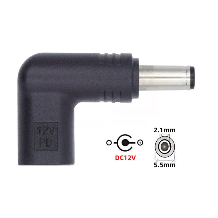 UC-090-5521MM 90 Degree Angled USB 3.1 Type C Female to DC 12V Plug Adapter PD Emulator Trigger Converter, DC5.5*2.1mm - 4